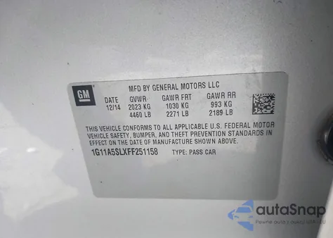 2015 Chevrolet Malibu 1Fl z USA, uszkodzony, nr VIN 1G11A5SLXFF251158